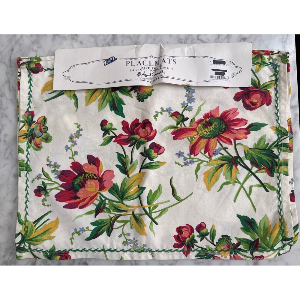 April Cornell Floral Cotton Placemats Set of 4 Cream Red Green 14x19 Cottagecore